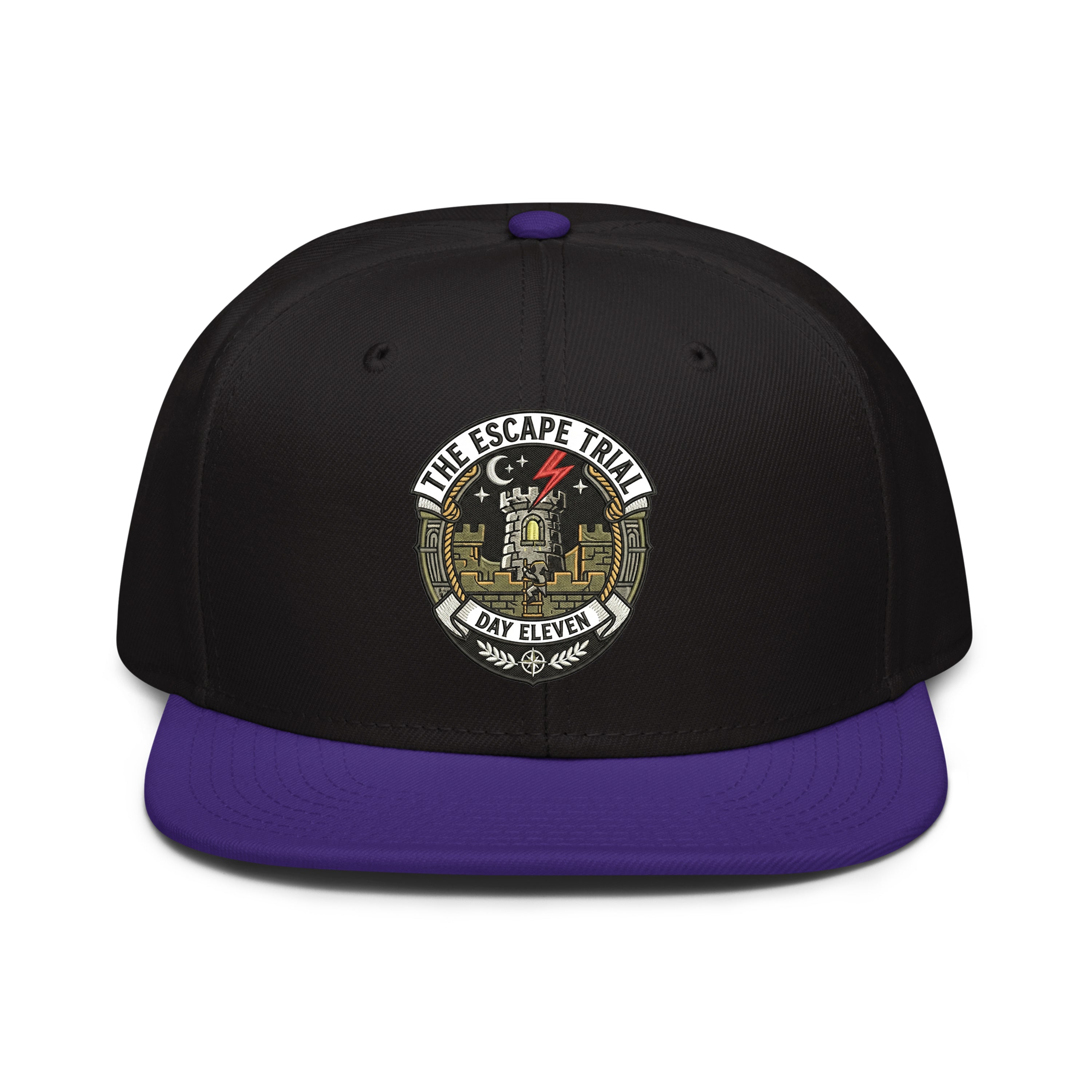 LuckeLadybug LLC black and purple hat snapback featuring The Escape Trail logo