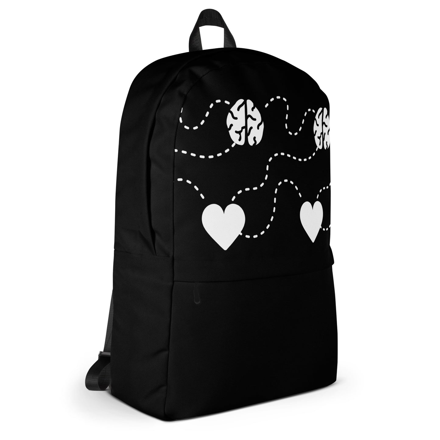 LuckeLadybug Black Backpack With White Hearts printed with brain icons and dashed heart trails and roomy school bag