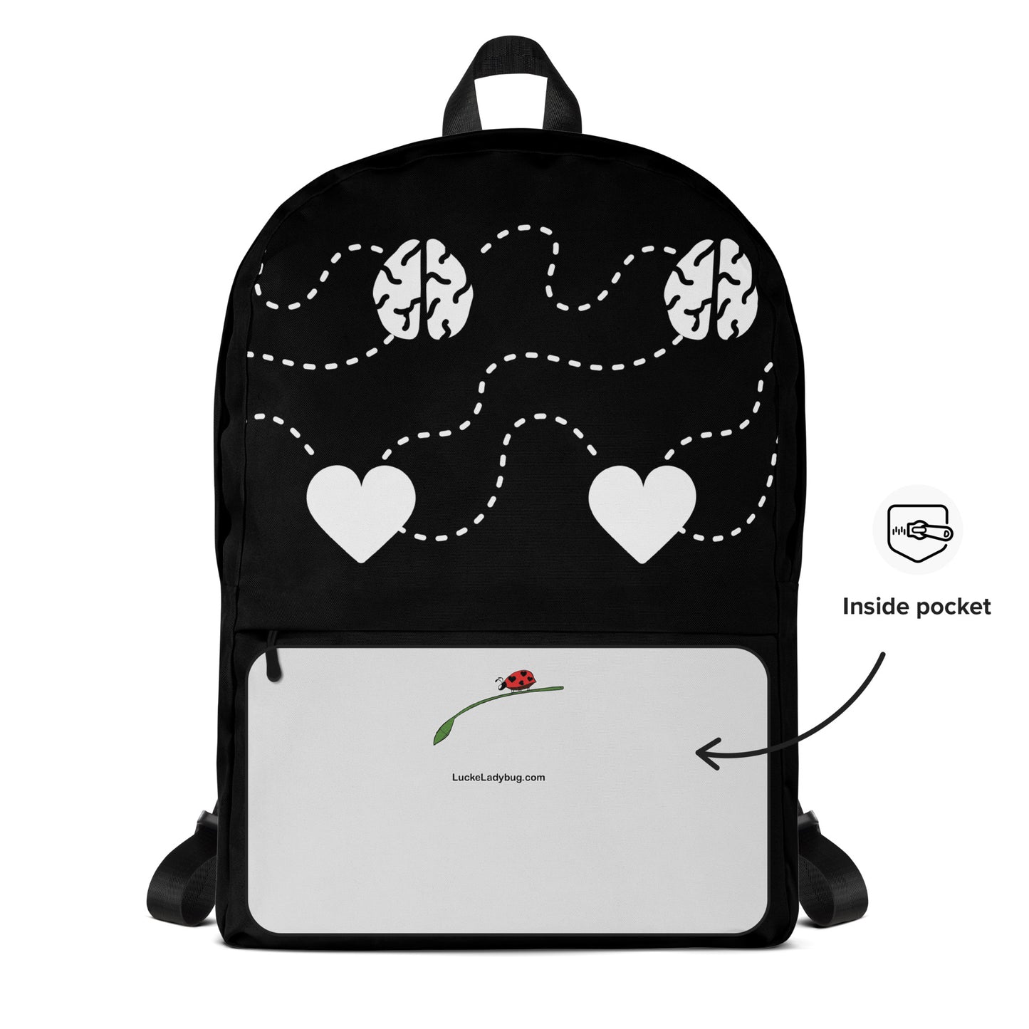 LuckeLadybug Black Backpack With White Hearts with front pocket padded straps and laptop sleeve for school
