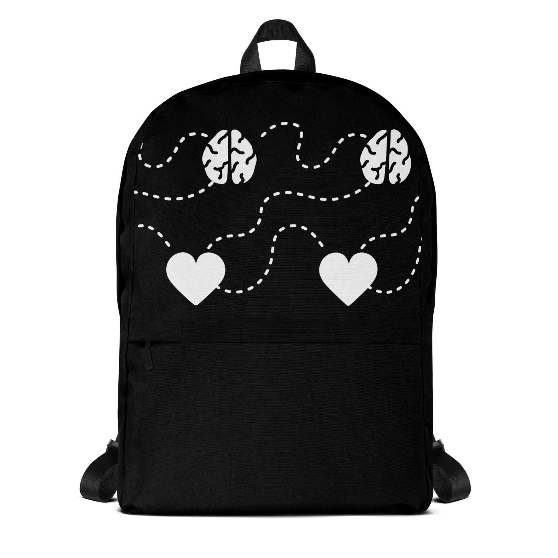 LuckeLadybug Black Backpack With White Hearts featuring white heart icons and brain doodles with dotted paths on black fabric