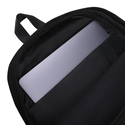 LuckeLadybug Black Backpack With White Hearts open interior showing padded laptop sleeve and handle