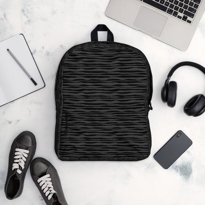 LuckeLadybug black striped backpack shown with laptop headphones phone and sneakers for daily commute