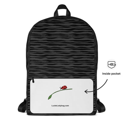 LuckeLadybug black striped backpack with white front pocket and ladybug on leaf graphic adjustable straps