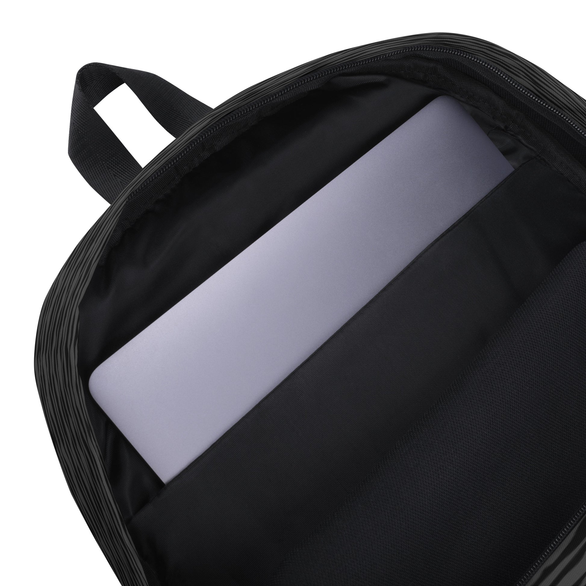 LuckeLadybug black striped backpack open showing padded laptop sleeve with silver laptop inside