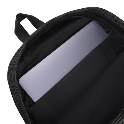 LuckeLadybug black striped backpack open showing padded laptop sleeve with silver laptop inside