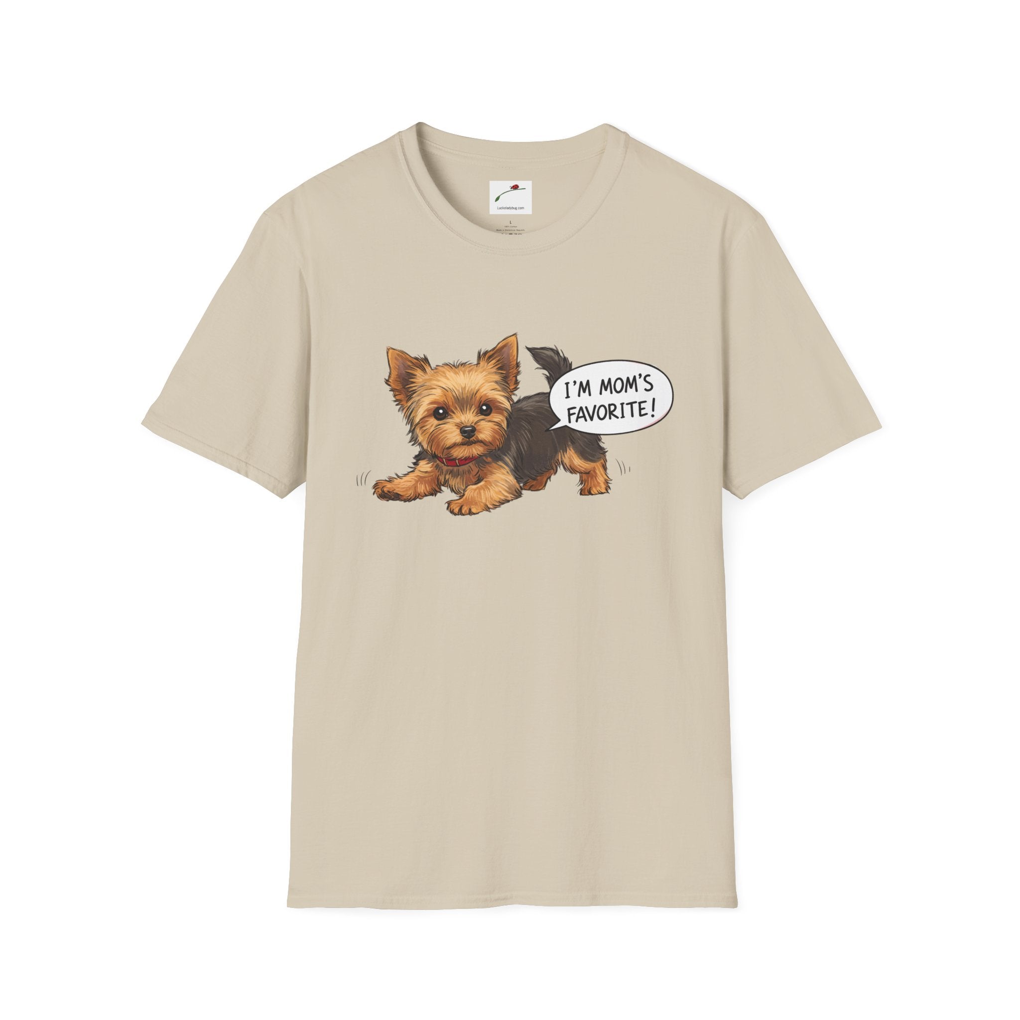 Cute Yorkie dog mom shirt for women beige T-shirt with an adorable Yorkie graphic and I'm mom's favorite text