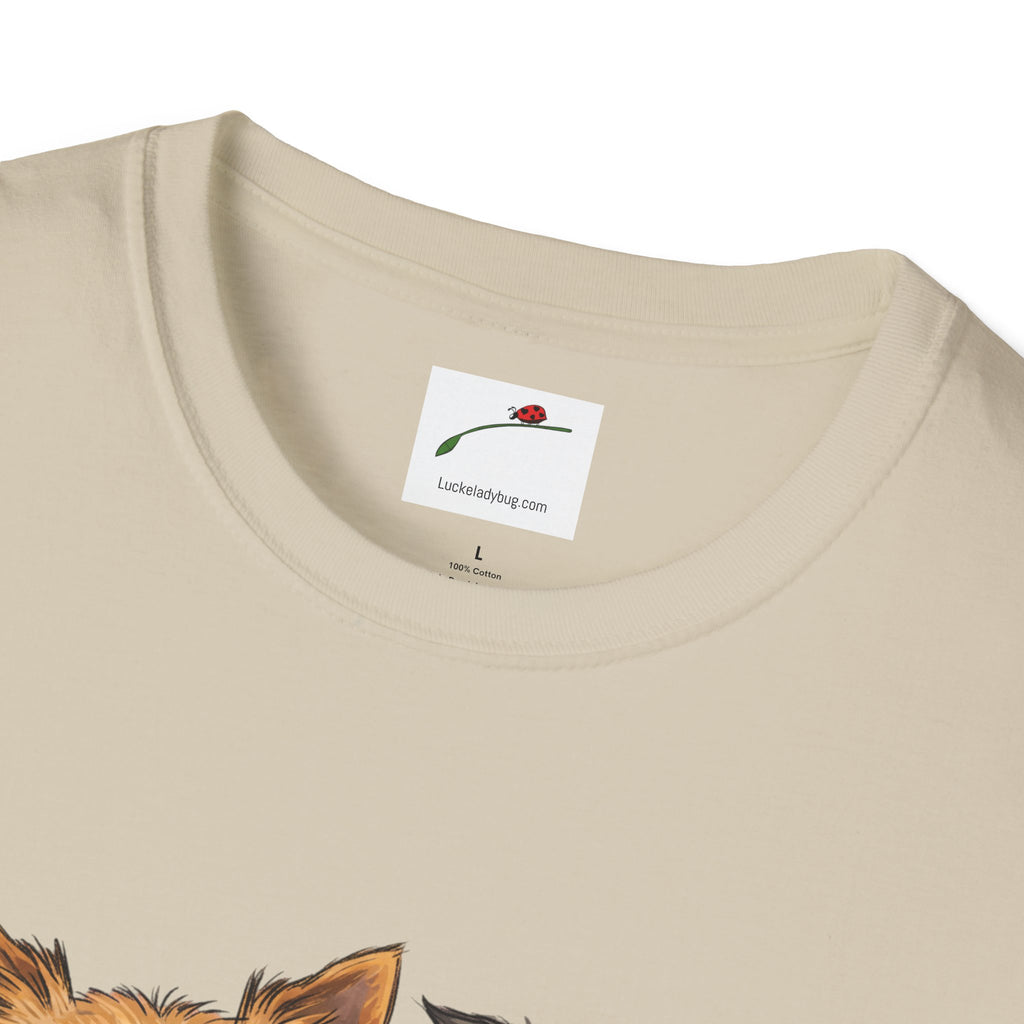 Close-up of LuckeLadybug cute Yorkie dog mom shirt for women in beige with soft cotton fabric