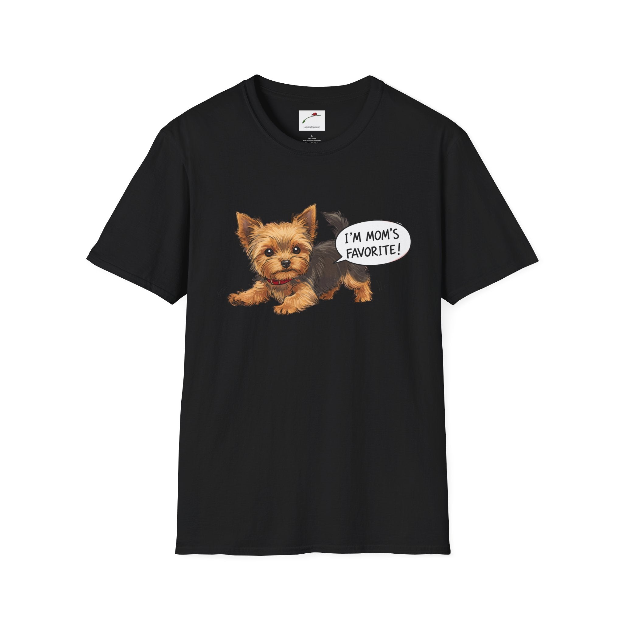 Black cute Yorkie dog mom shirt for women with a playful Yorkie and I'm mom's favorite text