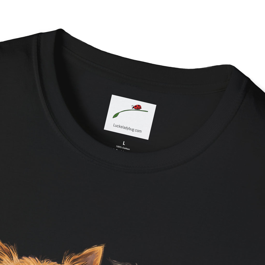 Black LuckeLadybug T-shirt featuring a cute Yorkie dog mom shirt for women design