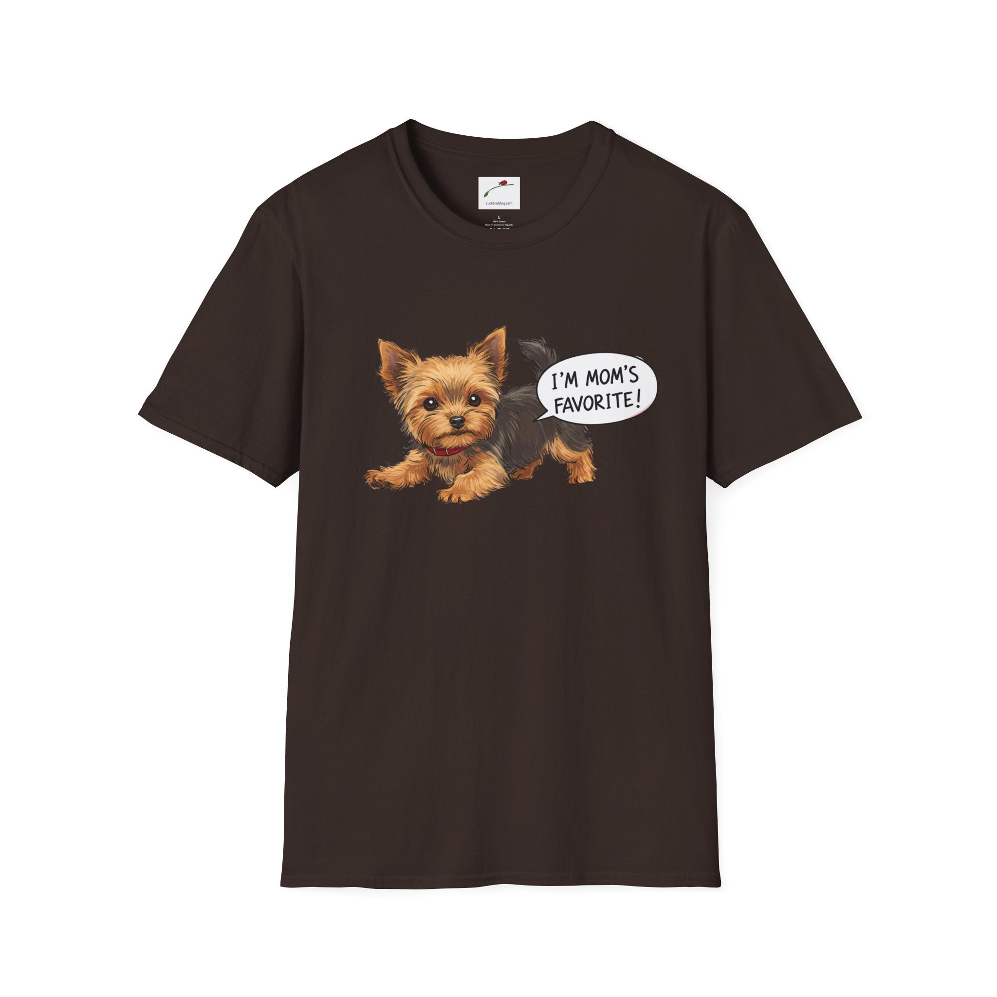 Cute Yorkie dog mom shirt for women featuring a small Yorkie with I’m Mom’s Favorite text