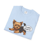 Light blue cute Yorkie dog mom shirt for women with a playful Yorkie and I'm mom's favorite text