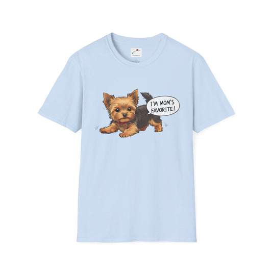 Light blue cute Yorkie dog mom shirt for women with playful Yorkie and I'm mom's favorite text