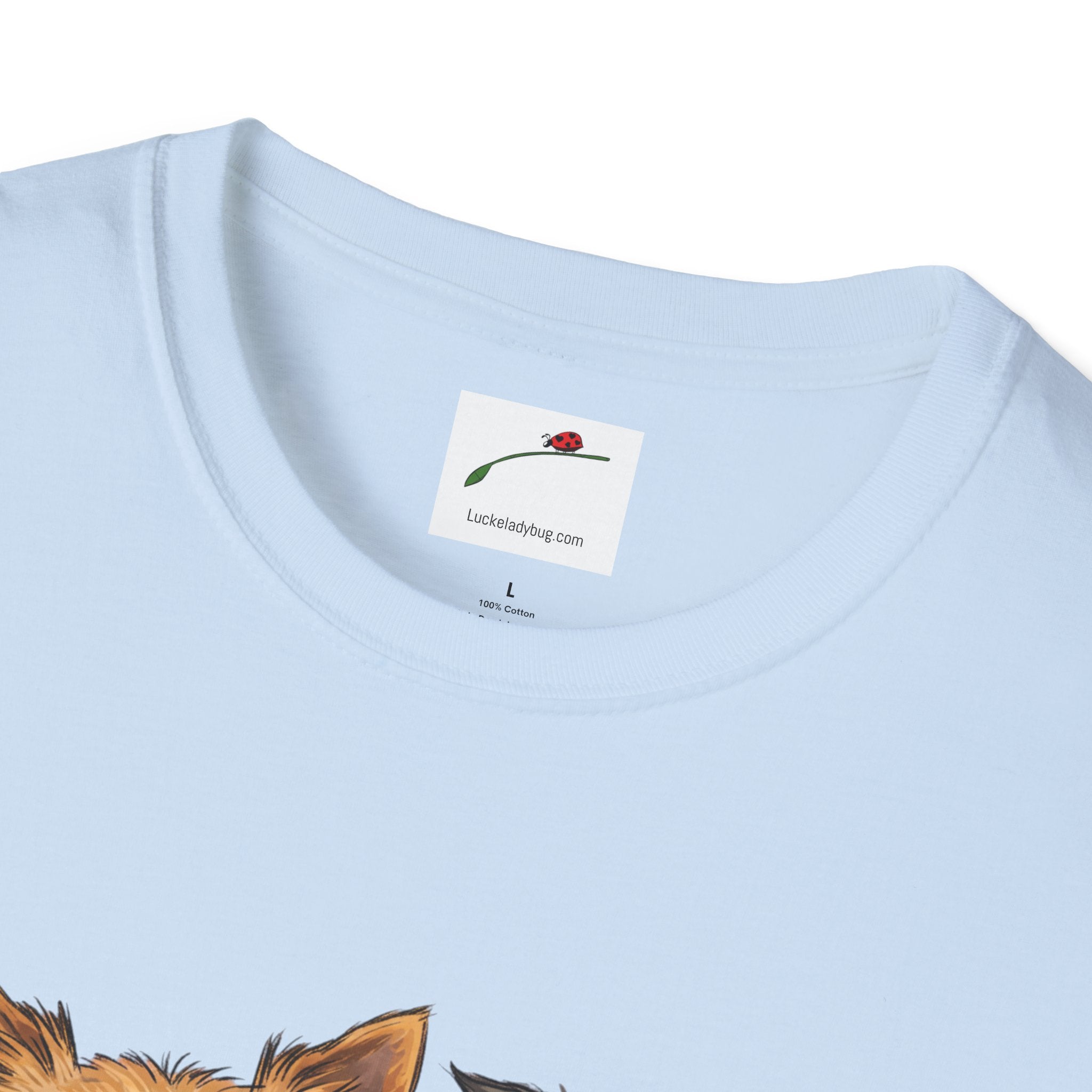 Light blue cute Yorkie dog mom shirt for women by LuckeLadybug with dog illustration