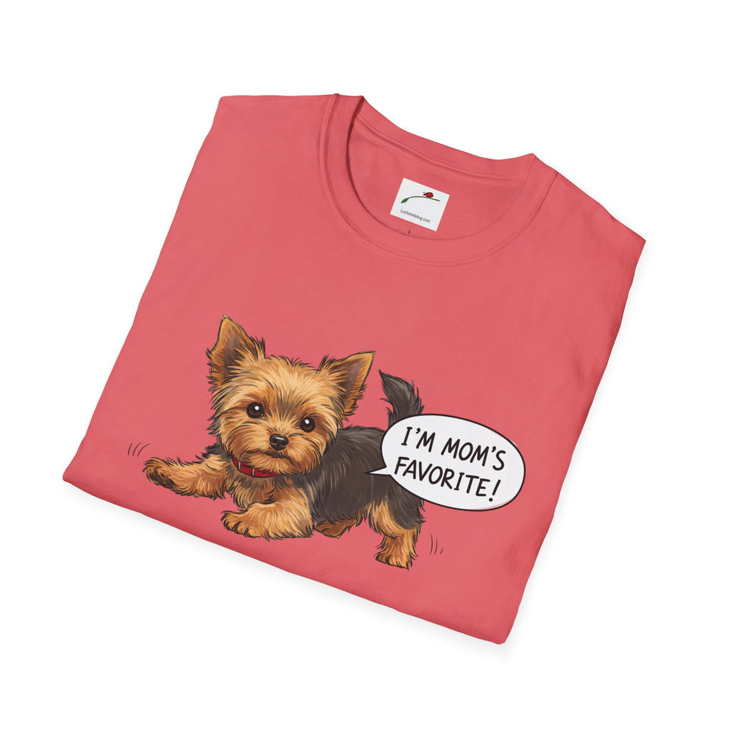 Cute Yorkie dog mom shirt for women in pink with a playful Yorkie and I’m mom’s favorite text