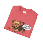 Cute Yorkie dog mom shirt for women in pink with a playful Yorkie and I’m mom’s favorite text
