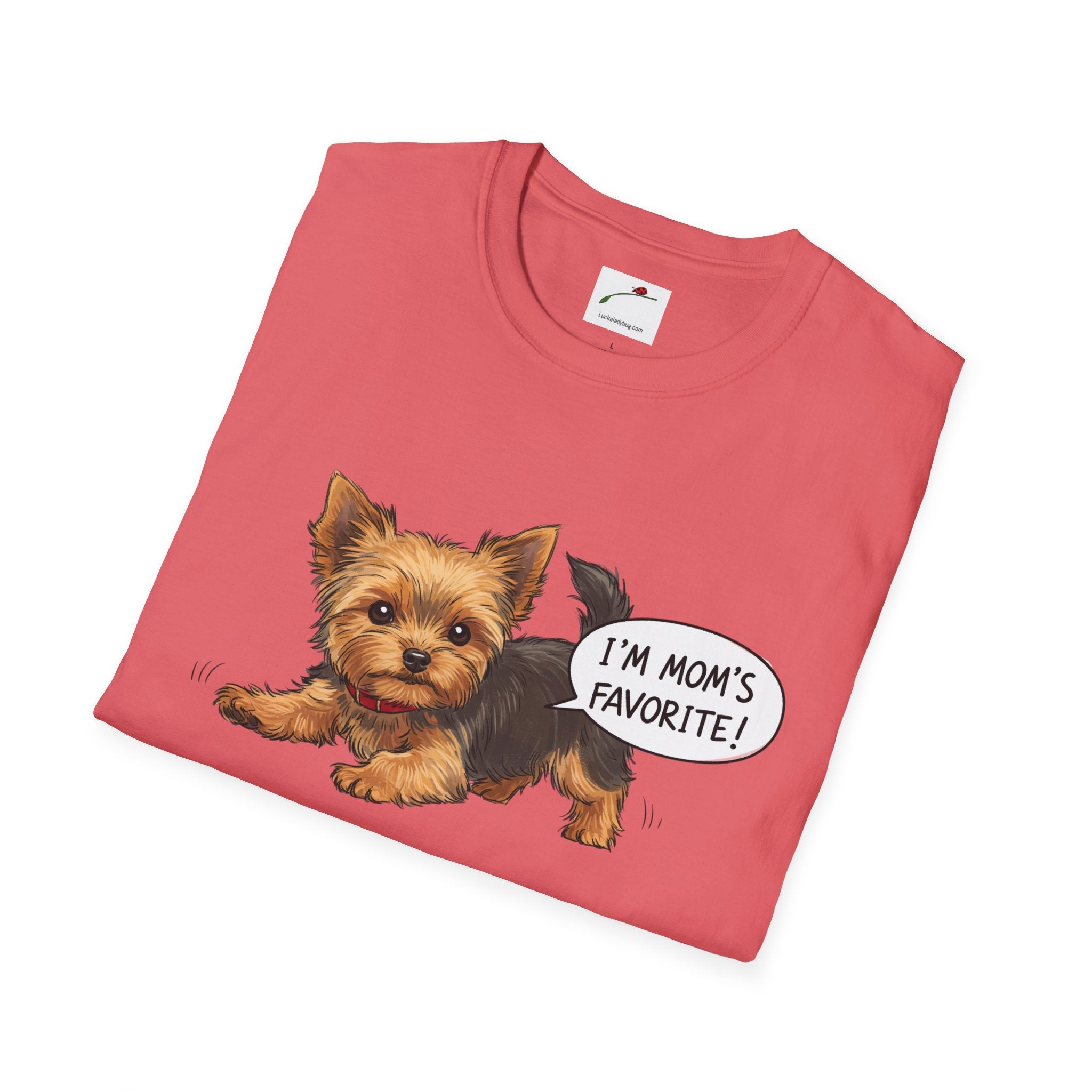 Cute Yorkie dog mom shirt for women in pink with a playful Yorkie and I’m mom’s favorite text