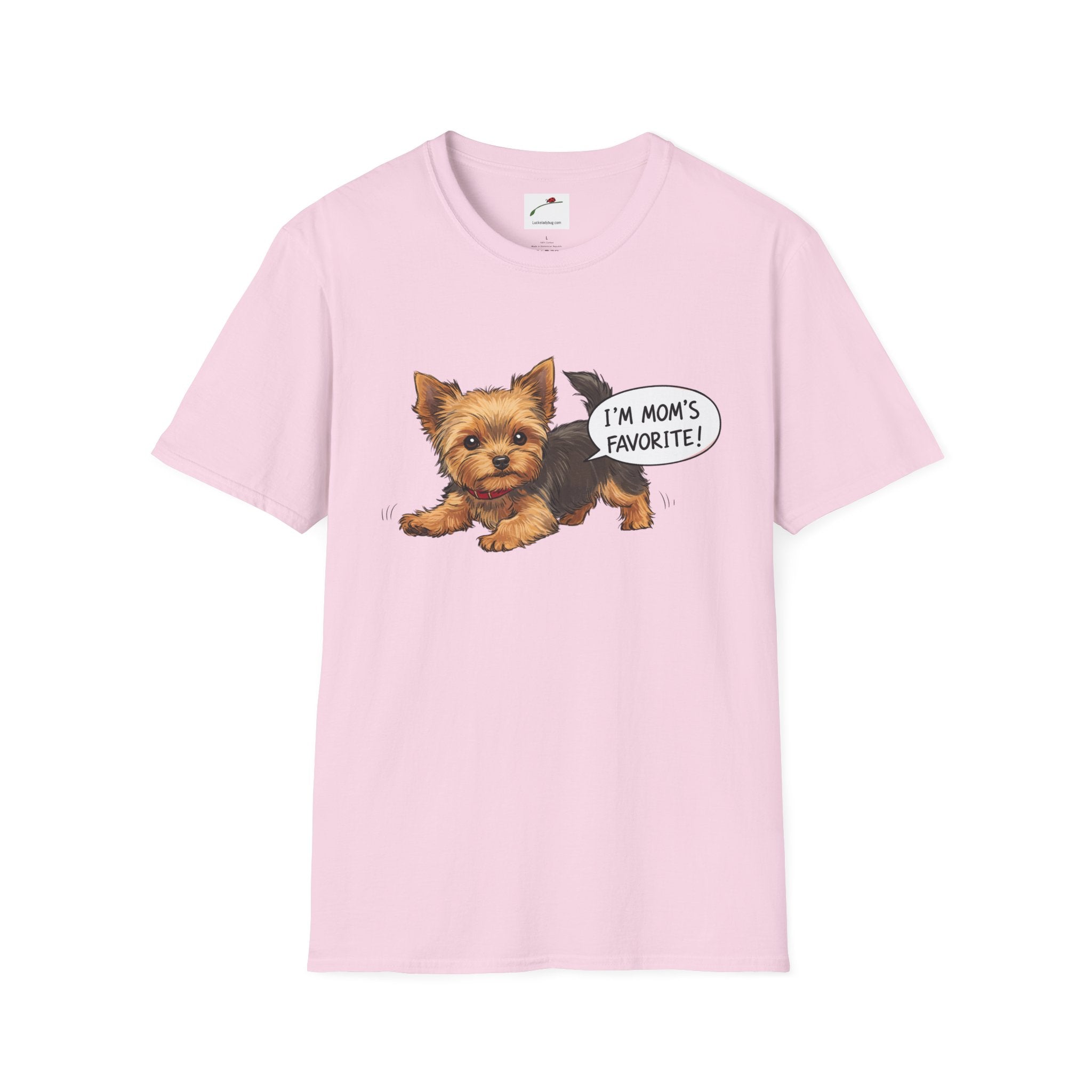 Pink cute Yorkie dog mom shirt for women with playful Yorkie and I’m Mom’s Favorite text