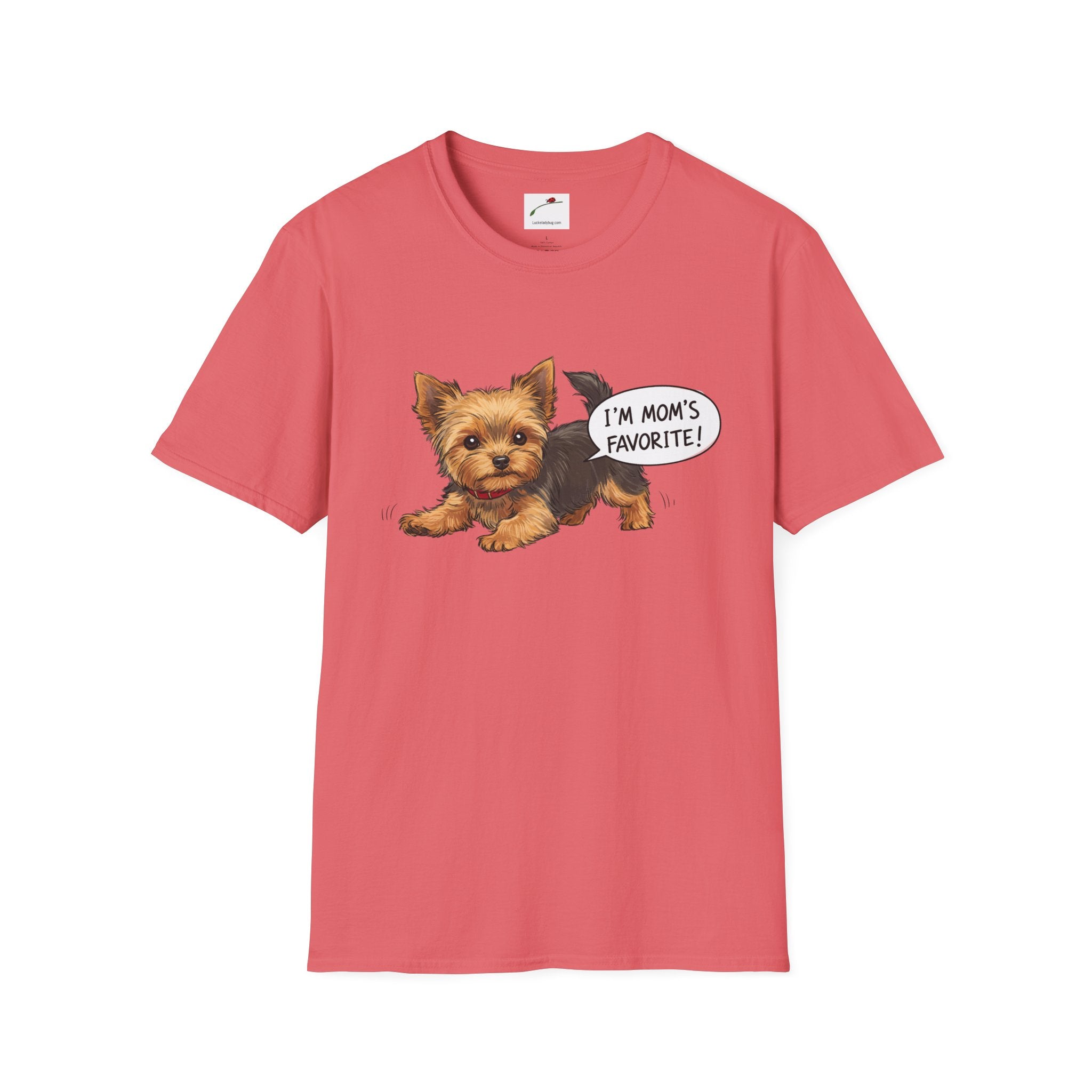 Cute Yorkie dog mom shirt for women in pink with playful Yorkie and I’m mom’s favorite text