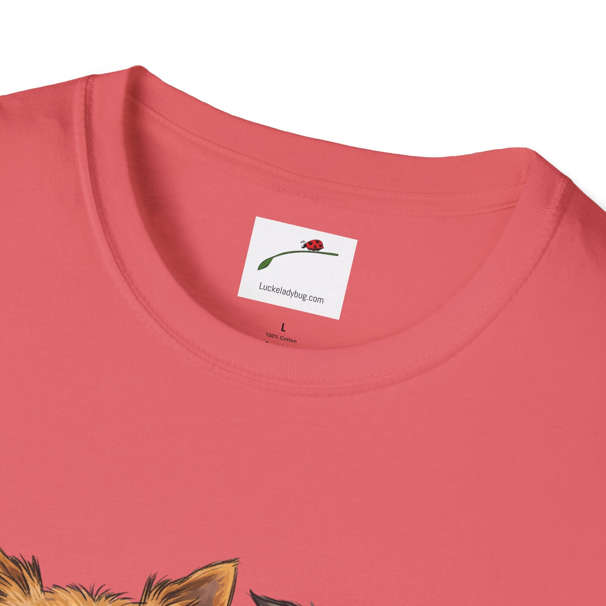 Close-up of LuckeLadybug cute Yorkie dog mom shirt for women in pink with detailed neckline and label