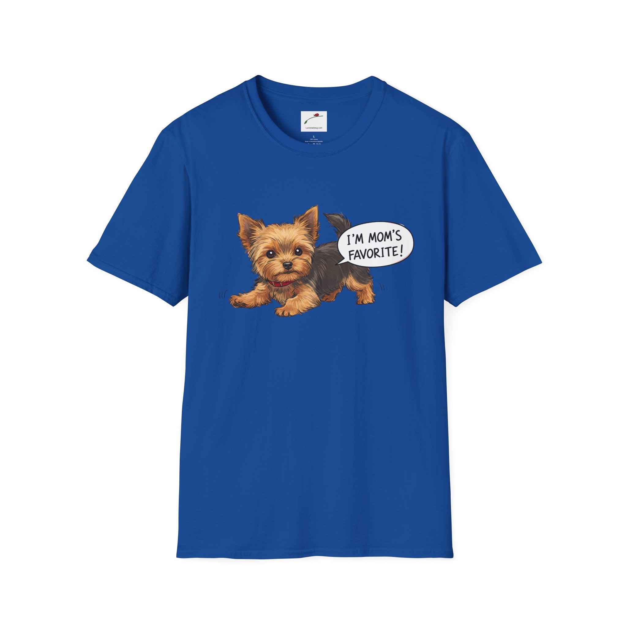 Blue cute Yorkie dog mom shirt for women with playful Yorkie and I'm Mom's Favorite text