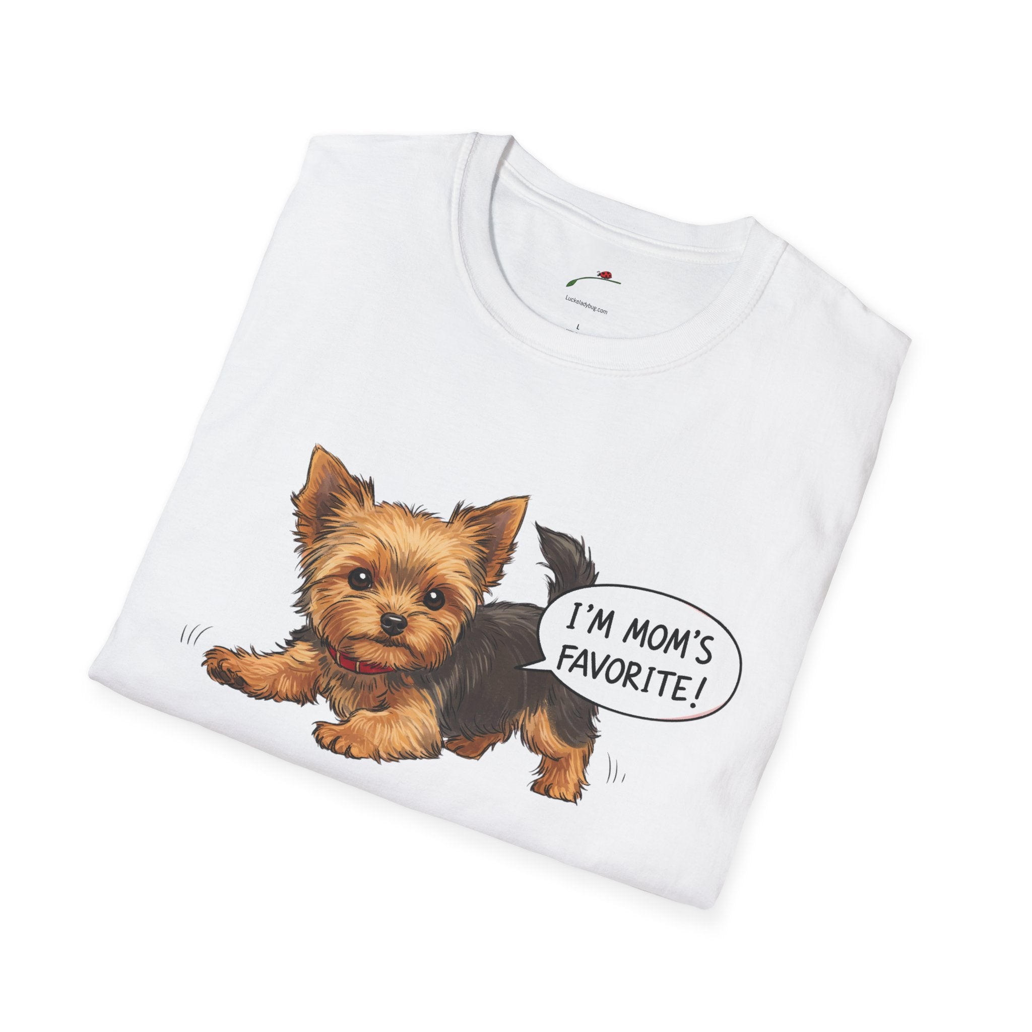 White cute Yorkie dog mom shirt for women with playful Yorkie graphic and text I'm mom's favorite