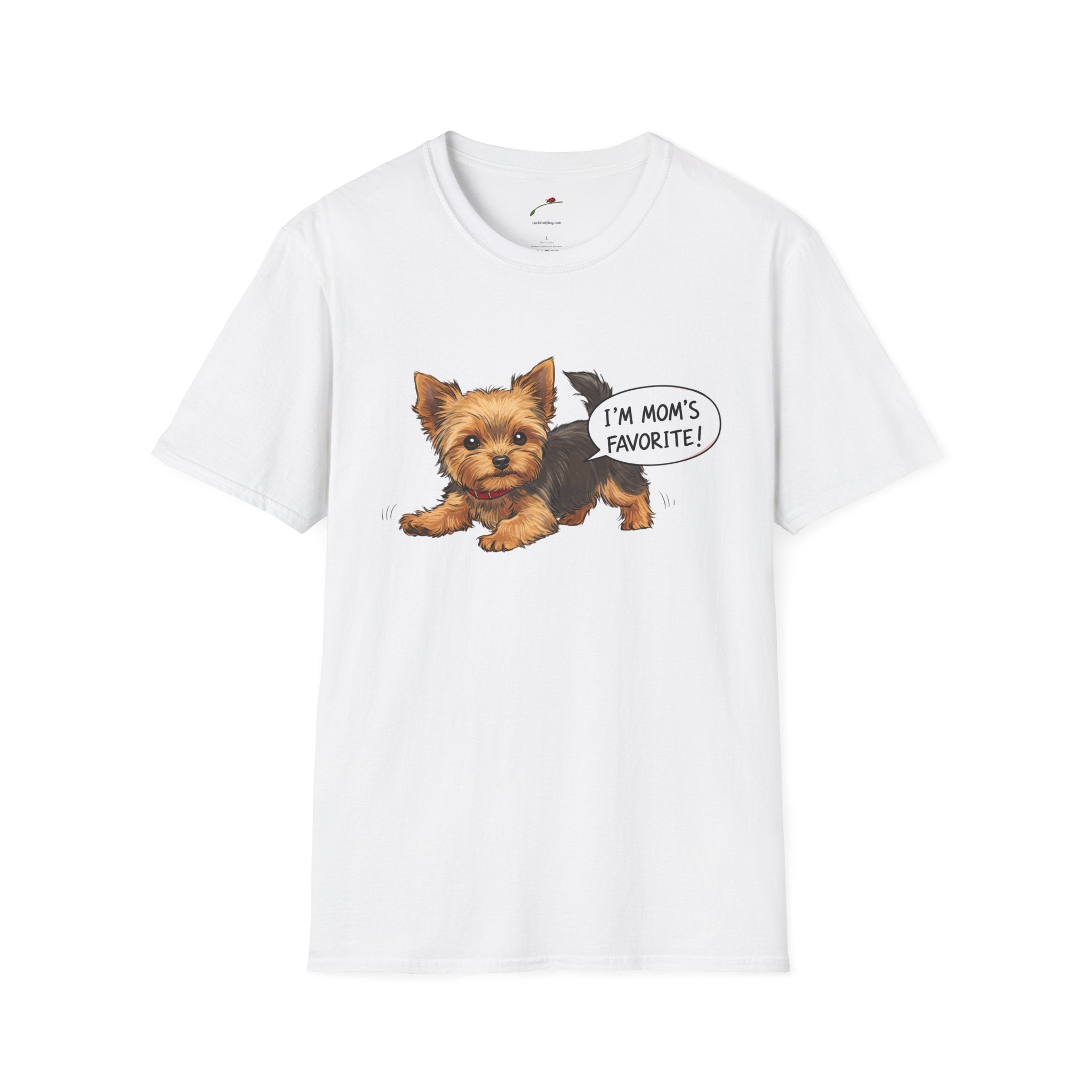 LuckeLadybug white T-shirt featuring a cute Yorkie dog with I’m Mom’s Favorite speech bubble cute Yorkie dog mom shirt for women