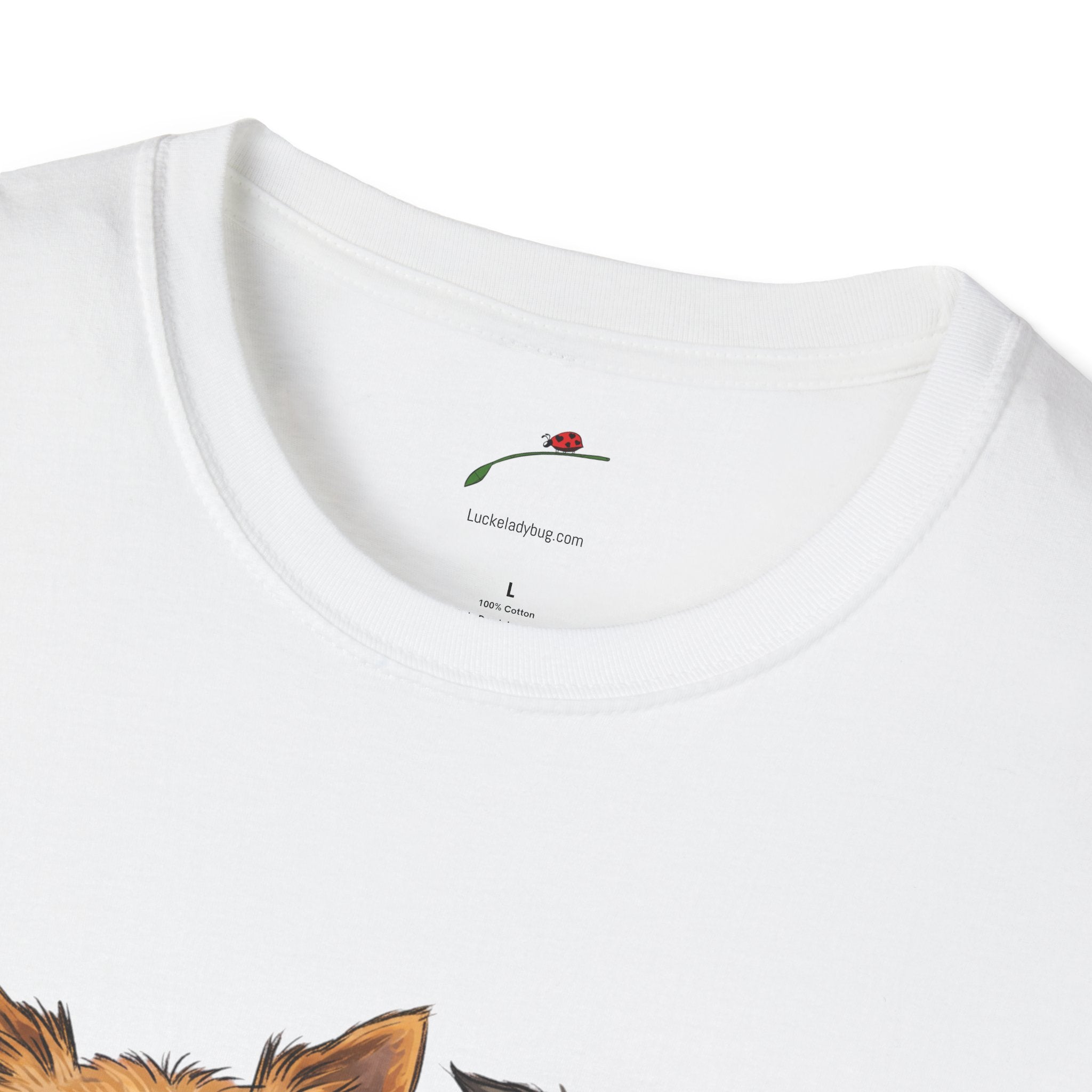 White LuckeLadybug T-shirt featuring cute Yorkie dog mom shirt for women design