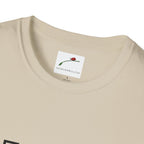 Close-up of LuckeLadybug beige cotton fifty something t shirt collar and label