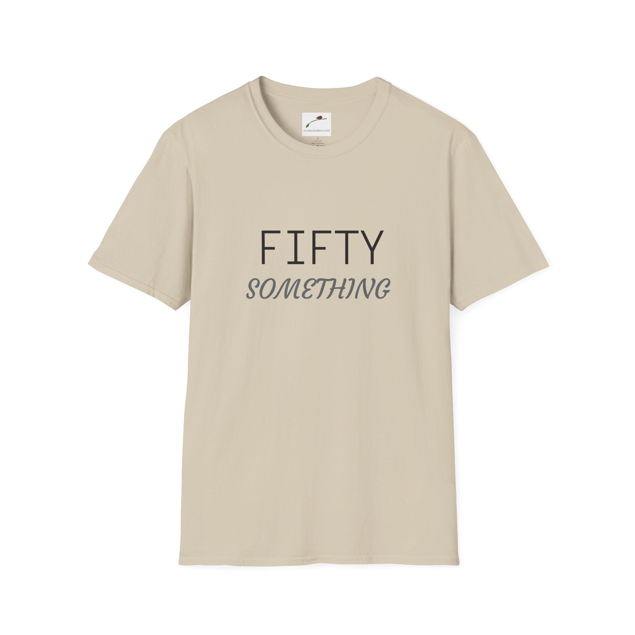 LuckeLadybug beige fifty something t shirt with simple black and gray text design