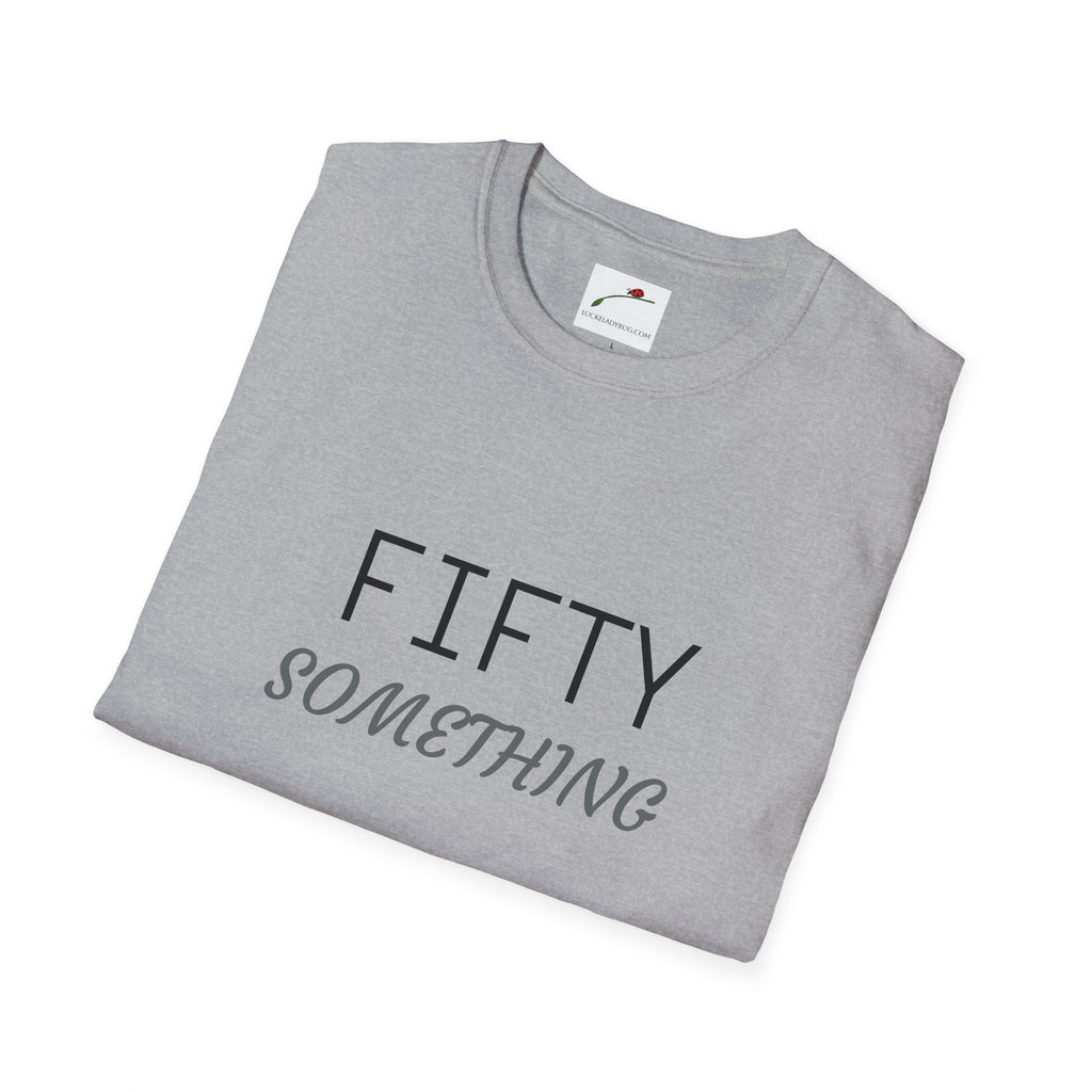 LuckeLadybug gray fifty something t shirt with bold black and gray text folded neatly