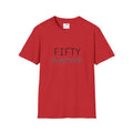 Red fifty something t shirt with black and gray text, short sleeves and crew neck design