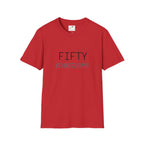 Red fifty something t shirt with black and gray text, short sleeves and crew neck design