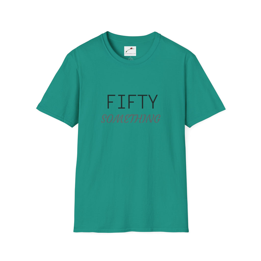 LuckeLadybug green fifty something t shirt with simple black and brown text design