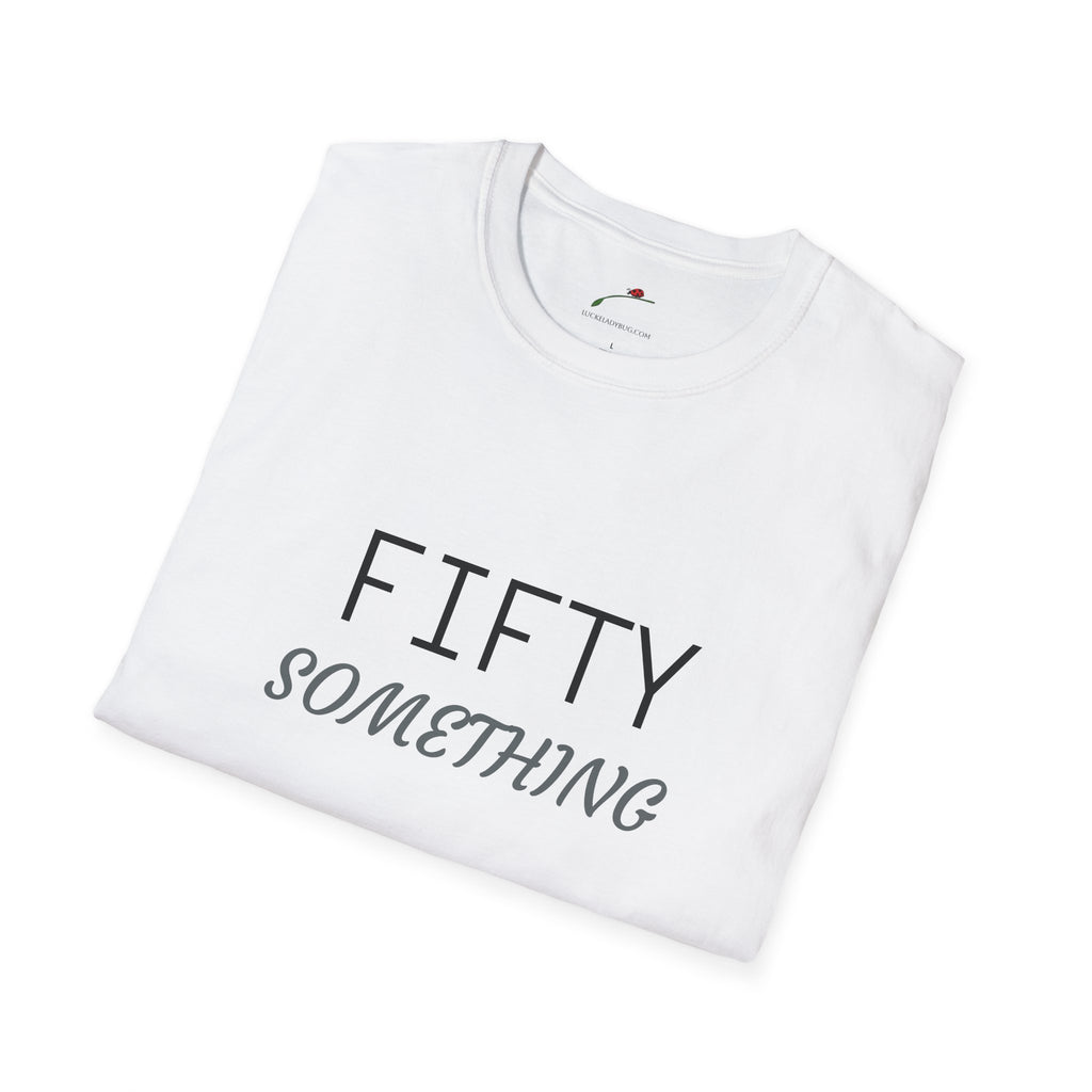 White LuckeLadybug fifty something t shirt with black and gray text folded neatly