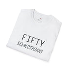 White LuckeLadybug fifty something t shirt with black and gray text folded neatly