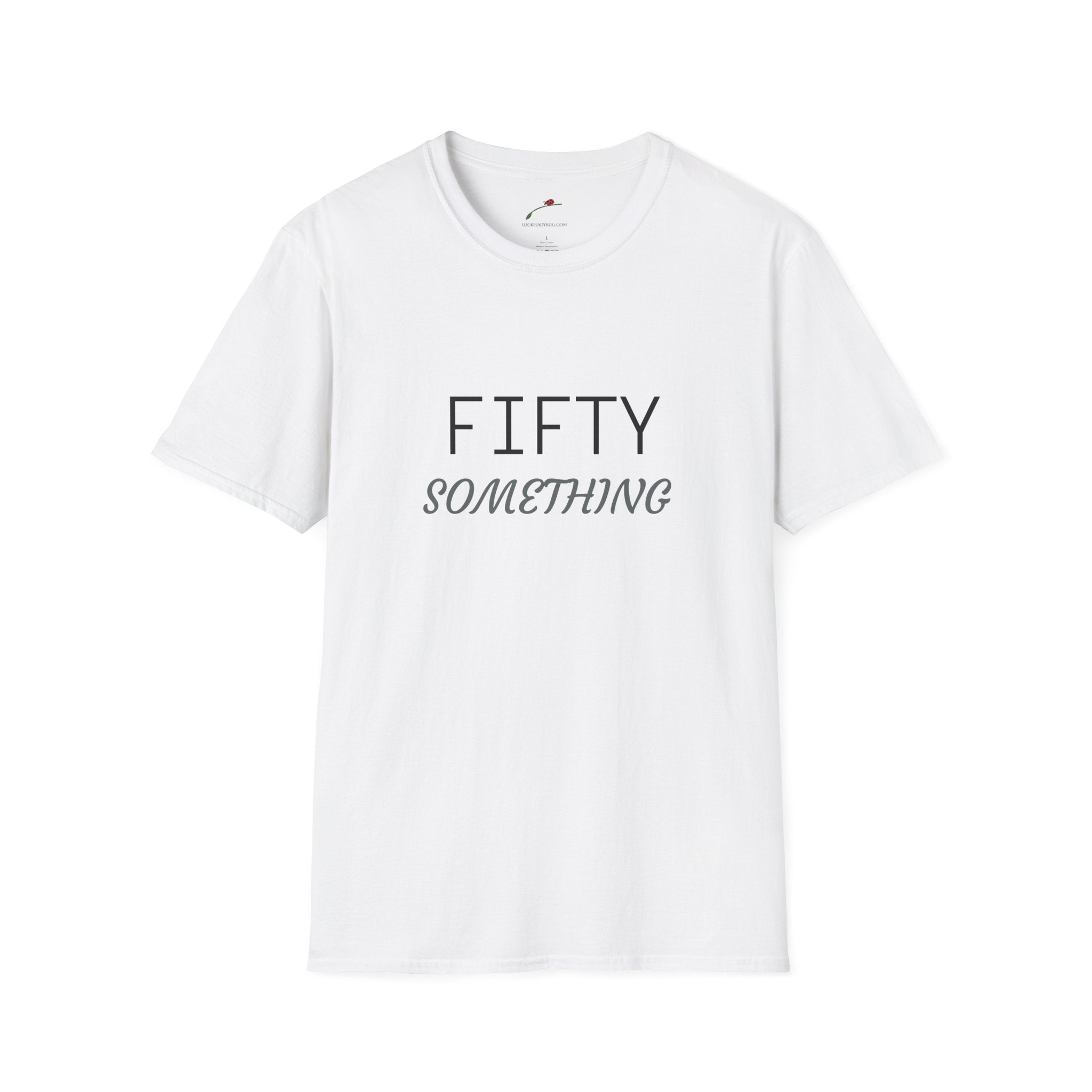 White LuckeLadybug fifty something t shirt with simple black text design on front
