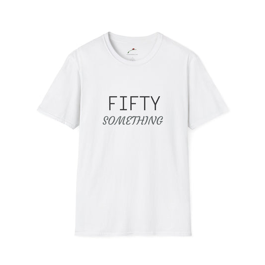 White LuckeLadybug fifty something t shirt with simple black text design on front