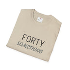 Beige forty something t shirt with bold black and gray text folded neatly