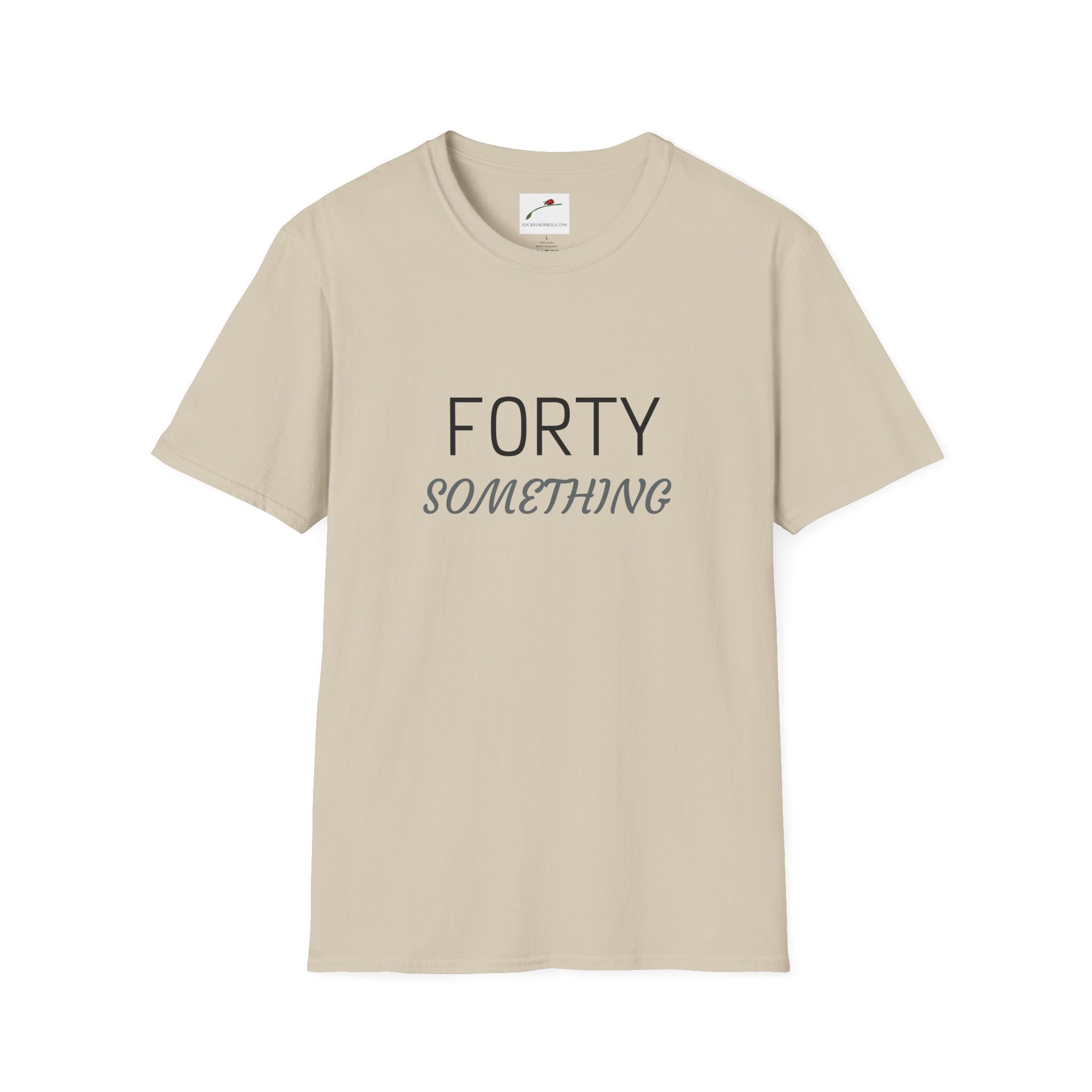 LuckeLadybug beige forty something t shirt with simple black and gray text design