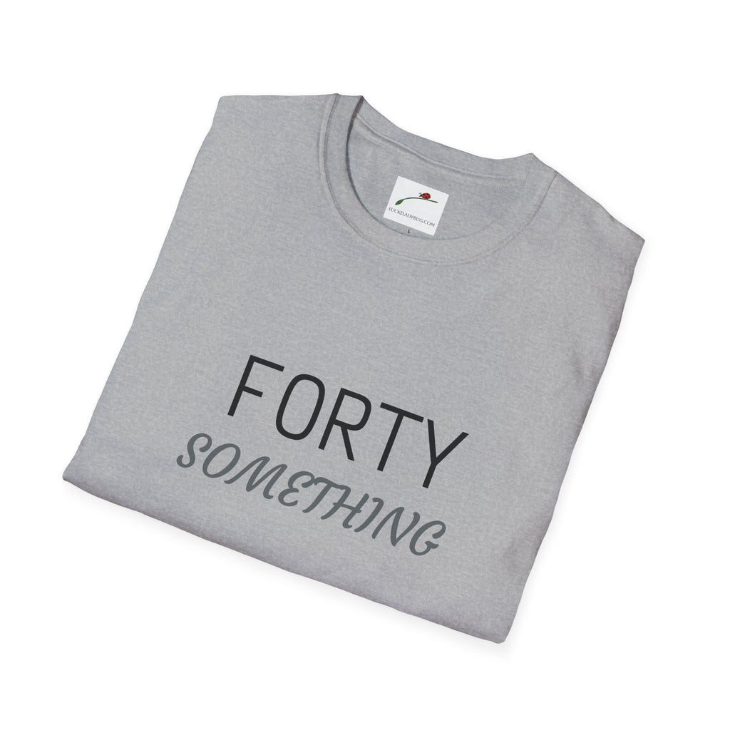 LuckeLadybug gray folded forty something t shirt with stylish black and gray text