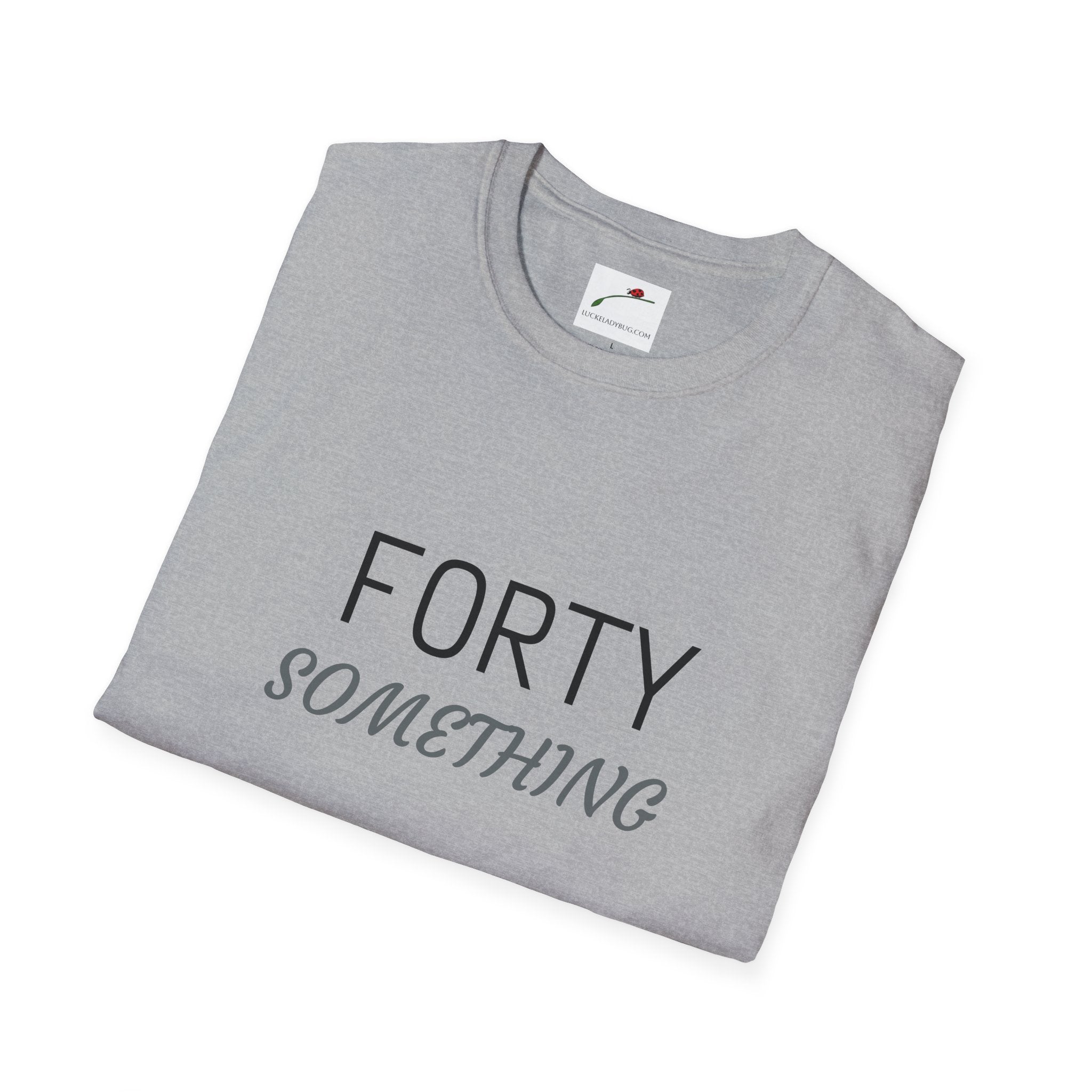LuckeLadybug gray folded forty something t shirt with stylish black and gray text