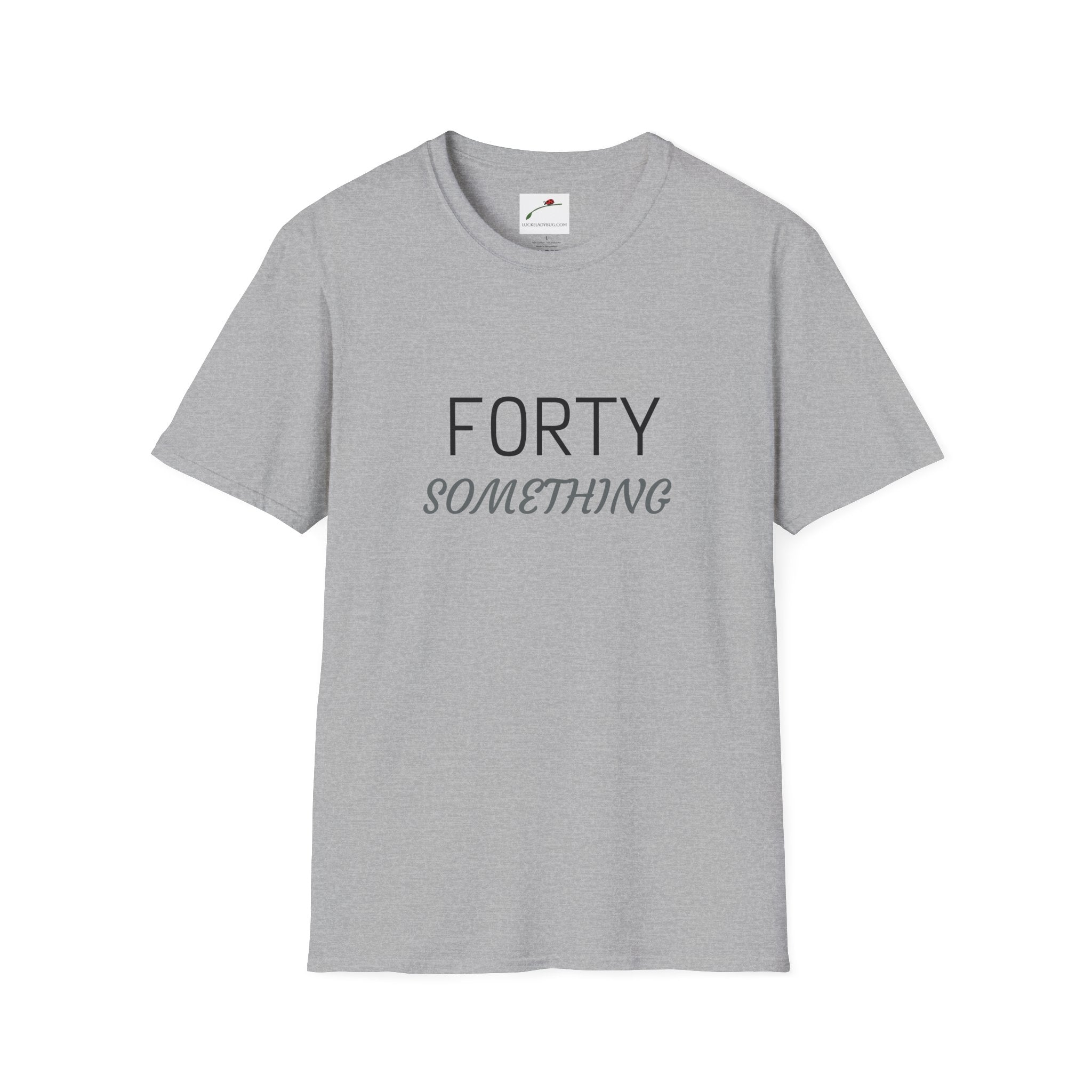 LuckeLadybug gray forty something t shirt with simple black and gray text design