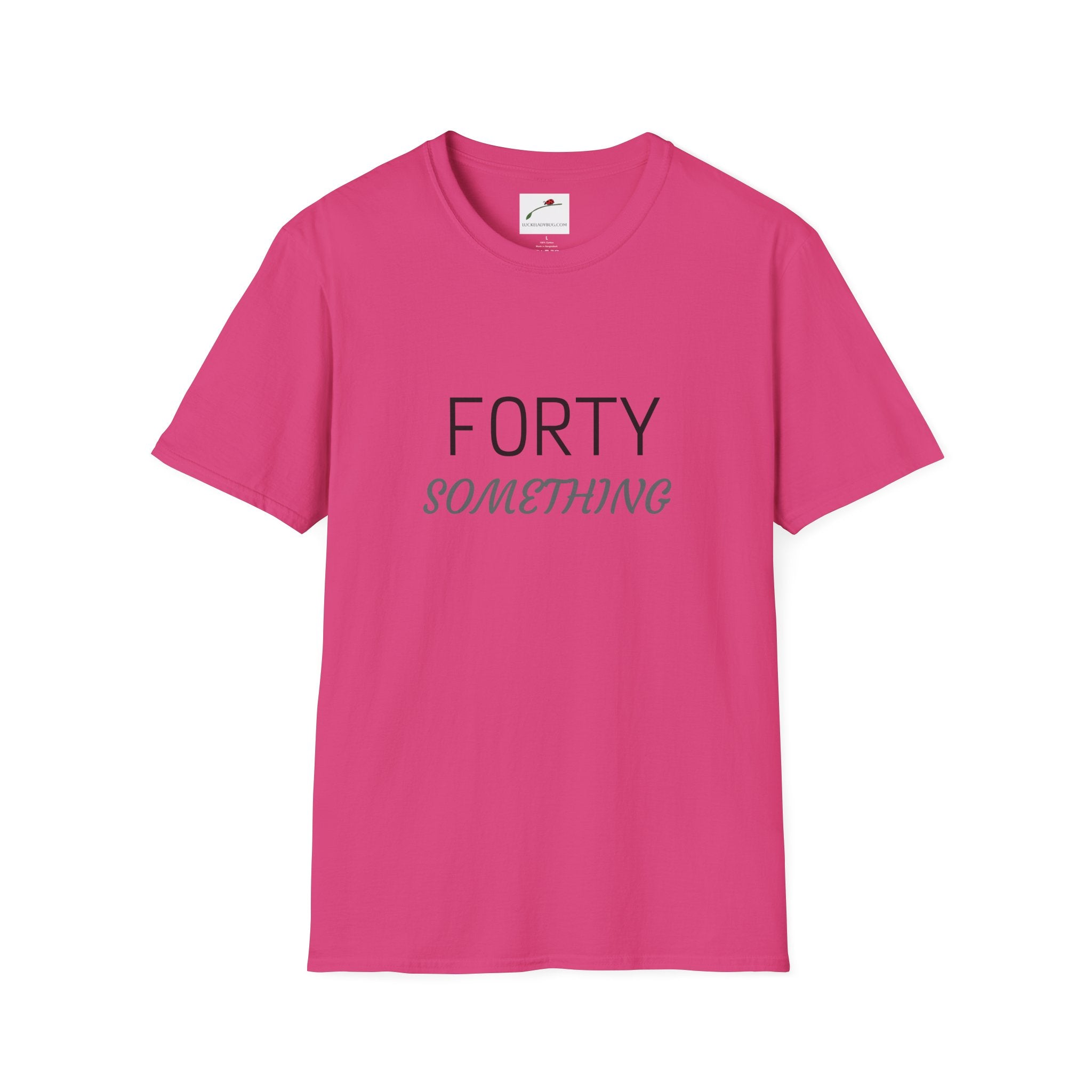 Pink LuckeLadybug forty something t shirt with black and gray text design on front