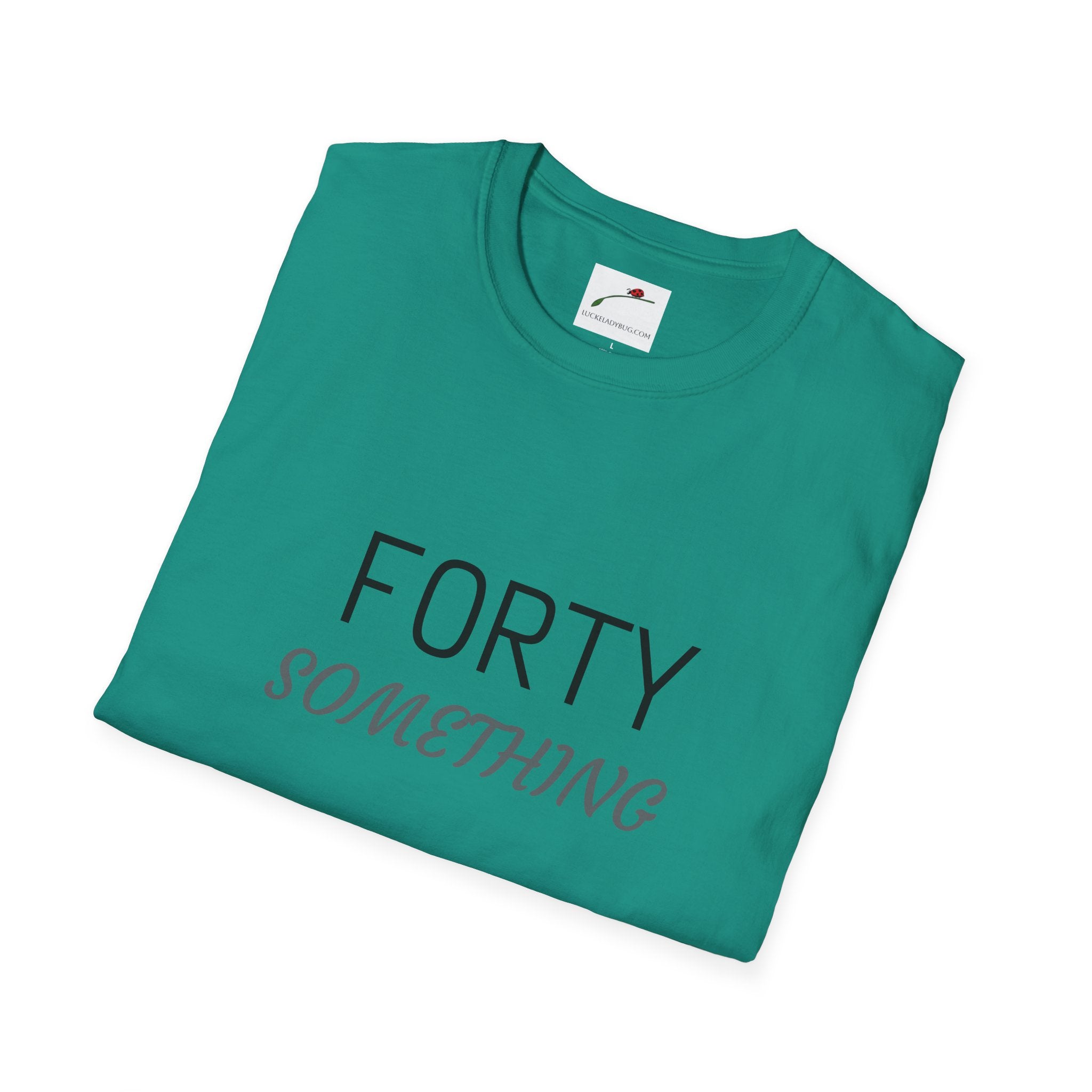 LuckeLadybug turquoise folded forty something t shirt with bold black and gray text