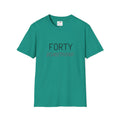 LuckeLadybug teal forty something t shirt with simple black and brown text design