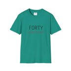 LuckeLadybug teal forty something t shirt with simple black and brown text design