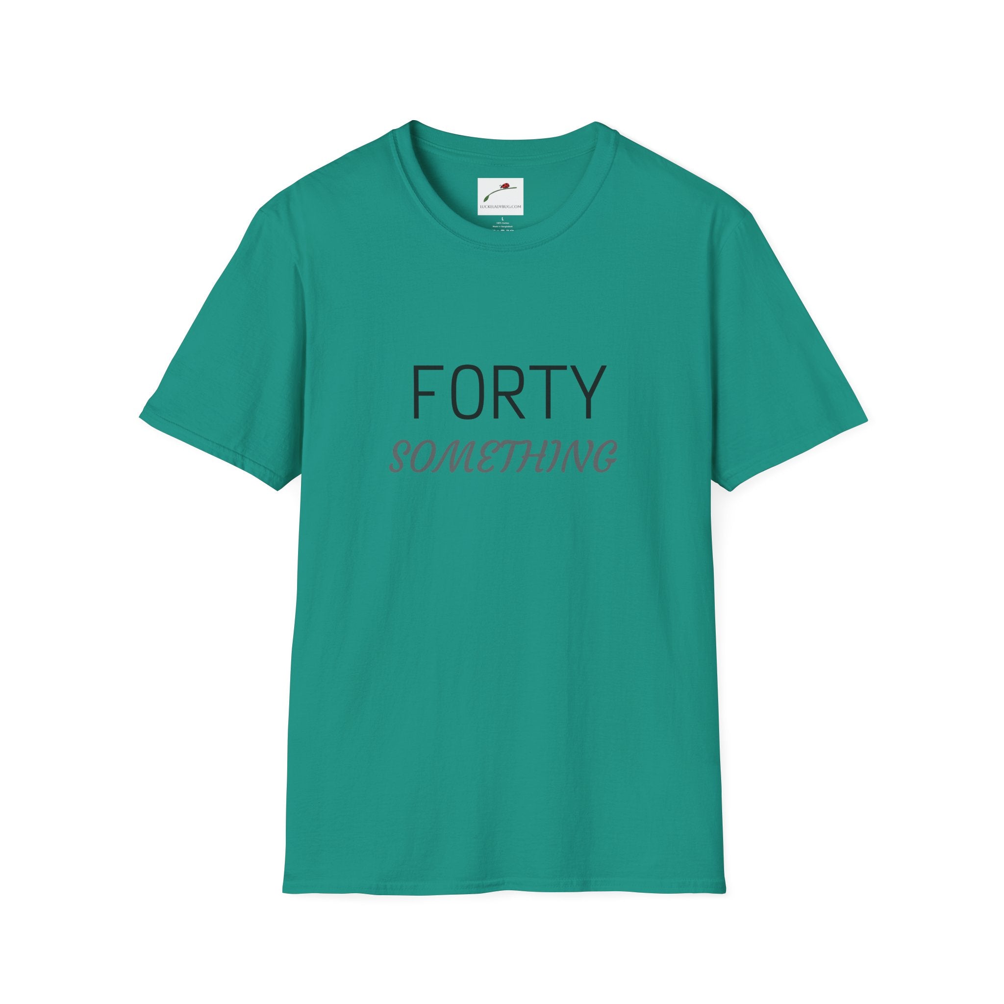 LuckeLadybug teal forty something t shirt with simple black and brown text design