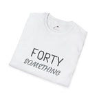 White folded LuckeLadybug forty something t shirt with black and gray text design