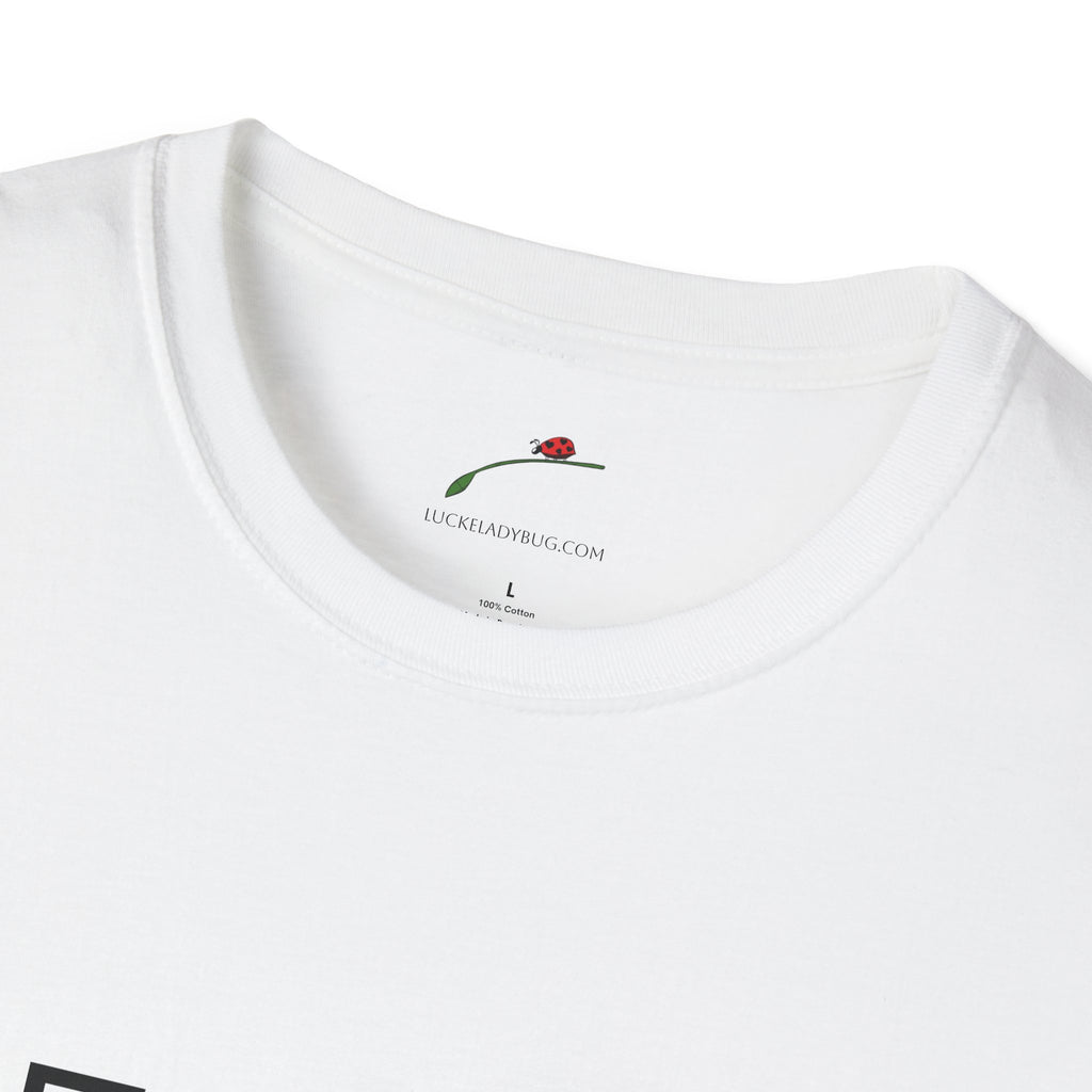 Close-up of white forty something t shirt collar from LuckeLadybug with printed tag inside neckline