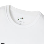 Close-up of white forty something t shirt collar from LuckeLadybug with printed tag inside neckline